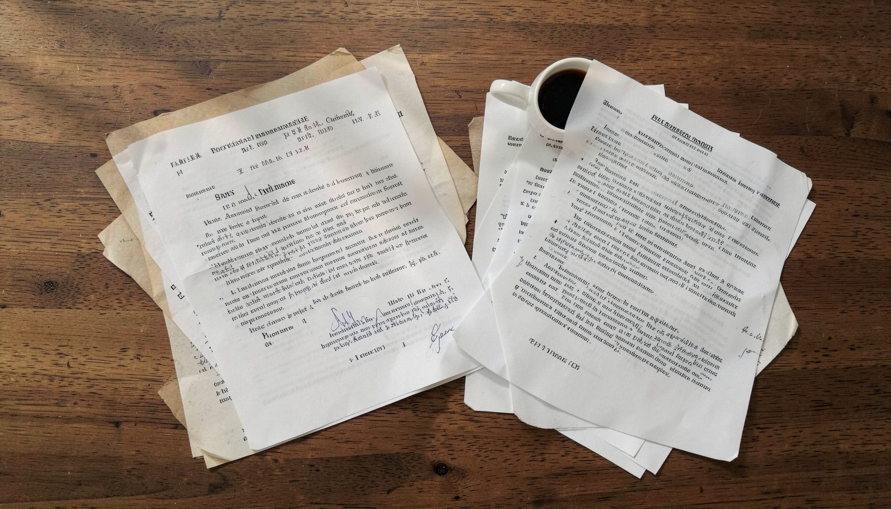 Spokojna, stonowana kompozycja: blat drewnianego stołu, na nim rozłożone dokumenty prawne obok filiżanki kawy, w ciepłym świetle.